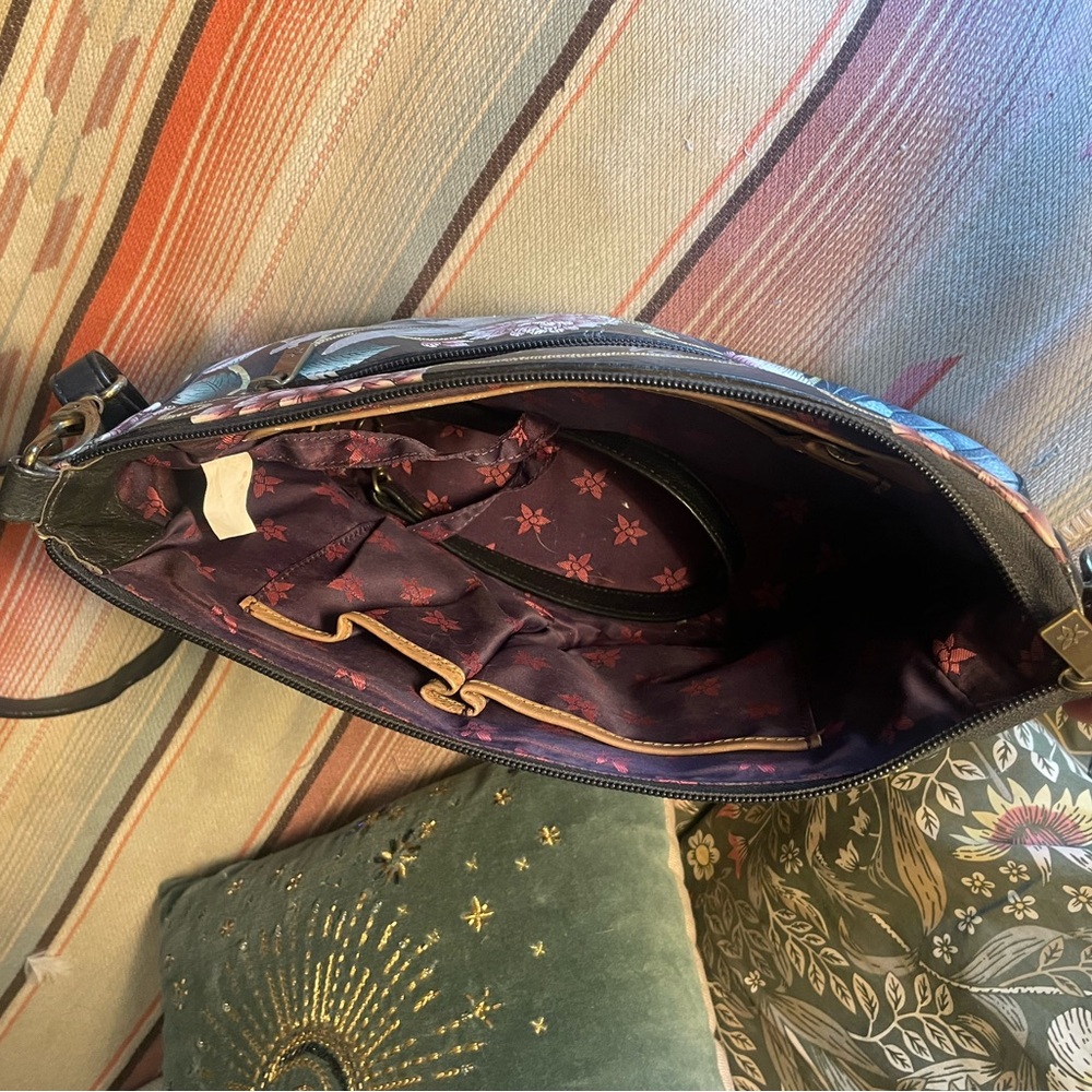 Anuschka Black Bag with Pink Floral and Wing Design - Picture 5 of 5